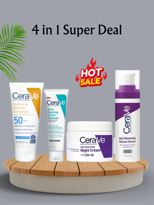 CeraVe 4 in 1 Skincare Kit – Night Cream, Sunblock, Cleanser & Serum | Hydrating, Brightening & Protective Daily Skin Care Set for Radiant Healthy Skin